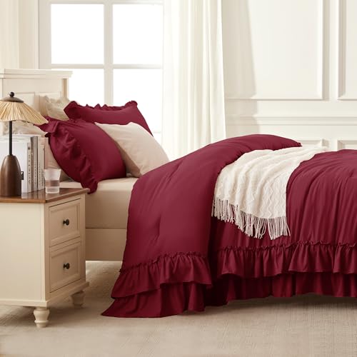 Burgundy Ruffle Comforter Set Queen Size - 3 Pieces
