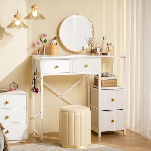 3IngSeagulls Small White Vanity Desk with 4 Fabric Drawers, Reversible Open Shelf, No Mirror