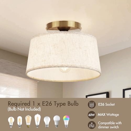 Beige 2 Pack Modern Ceiling Light Fixture 10 Inch Semi Flush Mount with Linen Shade