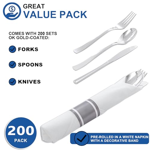 200 Pack Silver Wrapped Disposable Silverware Set - Heavy Duty for Wedding & Events (Variation: 200Pack-Silver)