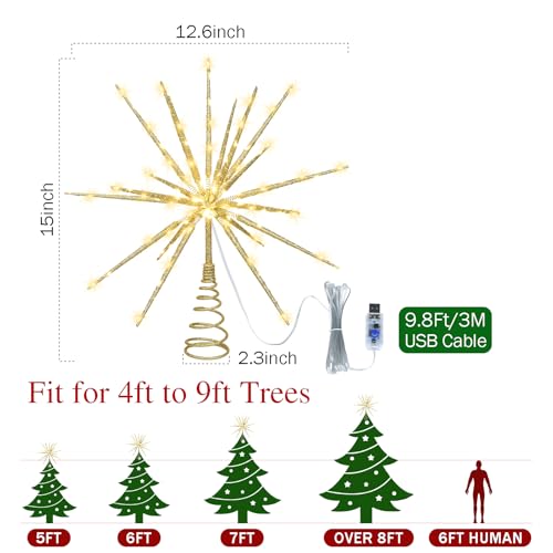 Obralitic 15 Inch Gold Starburst Christmas Tree Topper with 150 Lights & Remote