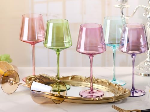 Physkoa Multicolor 16oz Hand Blown Crystal Wine Glasses Set of 6 with Long Stems