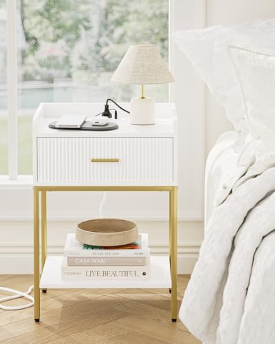 Nightstand with Charging Station - 3-Tier Bedside Table, Open Shelf & Drawer, White - Variation of THIS listing