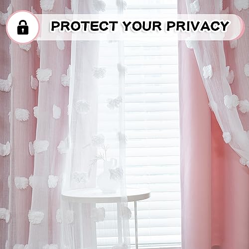 Pink Nursery Curtains Set - Blush Pink Double Layer Blackout Sheer Pom Pom Window Drapes, 52x84 Inches, Pack of 2