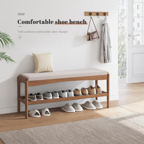 STDDRE Bamboo Shoe Bench with Padded Seat, 2-Tier Entryway Organizer, Brown-Beige, 39.4 x 11.4 x 16.5 inches