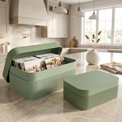 Sage Decorative Storage Boxes with Lids - Set of 2 Fluted Photo Organizer Bins