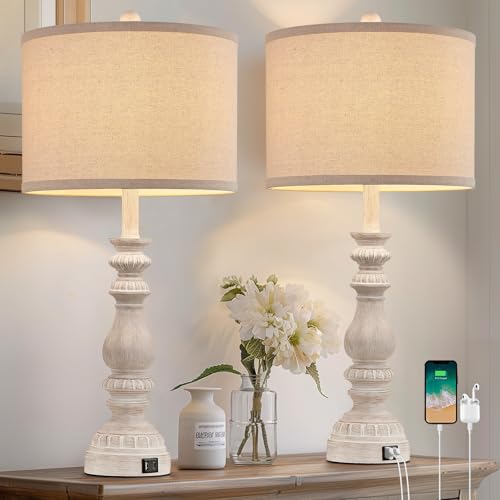 Farmhouse Table Lamps Set of 2 - 28.5in Rustic White Bedroom Nightstand Lamps with USB C+A, Rotary Switch, No Bulbs