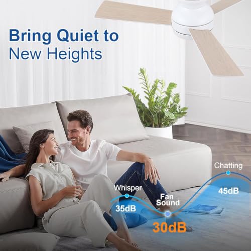 Putroad 42 Inch White Flush Mount Ceiling Fan with Light & Remote - Low Profile, Dimmable, Reversible DC Motor, 6-Speed