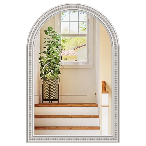 White Farmhouse Arched Wall Mirror 24x36 with Beaded Wooden Frame - Rustic Boho Decor