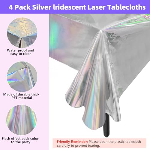 JINSUI Iridescent Tablecloth Party Decorations 4 Pack, 54" X 108" Plastic Tablecloths Disposable for Birthday Disco, Silver Laser Rectangle Table Covers for Bachelorette Bridal Wedding Decor