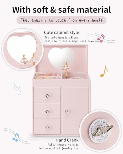VLANDO Light Pink 4-Layer Musical Jewelry Box with 3 Drawers & Necklace Hook
