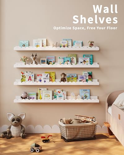 Shario White Nursery Book Shelves 36 Inches - Set of 4 Floating Wall Shelves for Kids Bedroom & Toddler Room