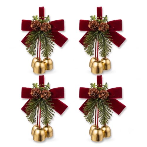 4 Pack Christmas Bow Ornaments with Jingle Bells, Pine Cone Hanging