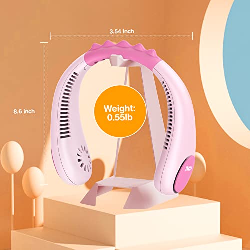 Pink Kids Neck Fan Portable Bladeless Cooling Fan for Children 4-14Y, USB Rechargeable, 4 Speeds, Lightweight Summer Gift