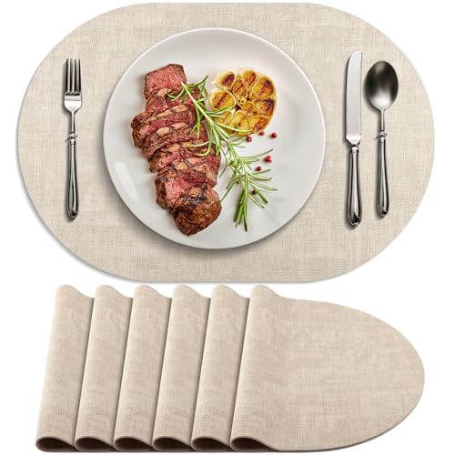 Faux Leather Oval Placemats Set of 6 - Beige, Durable & Heat Resistant