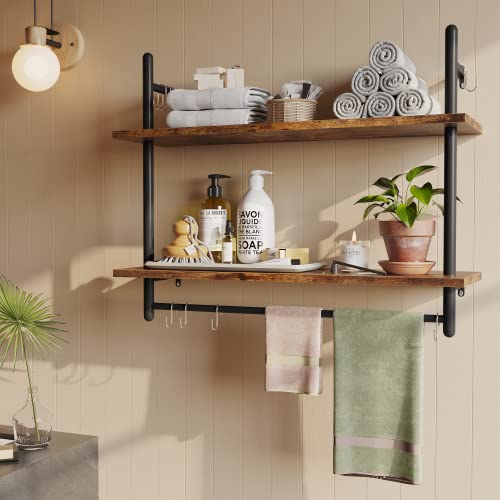 Bestier 31" Industrial Pipe Wall Shelf with Towel Bar, Rustic Brown