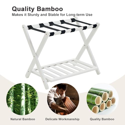 White Luggage Rack Set of 2, Fully Assembled Bamboo Suitcase Stands