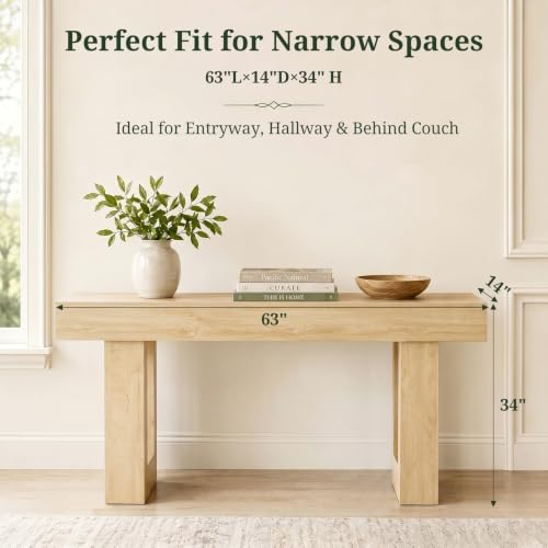 Natural Wood 63-Inch Farmhouse Console Table for Narrow Entryway & Living Room - Easy Assembly