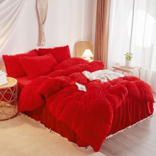 HAIHUA Red Queen Plush Faux Fur Comforter Cover Set with Pillowcases