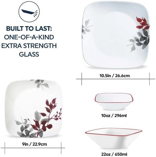 Corelle Kyoto Leaves Dinnerware Set - 16pc Service for 4 | Chip & Break Resistant White Plates & Bowls