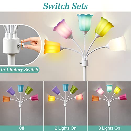 Medusa LED Floor Lamp with 6 Color Tulip Shades, Adjustable Gooseneck, Tall Standing Lamp for Living Room Bedroom Kids Room Office - White