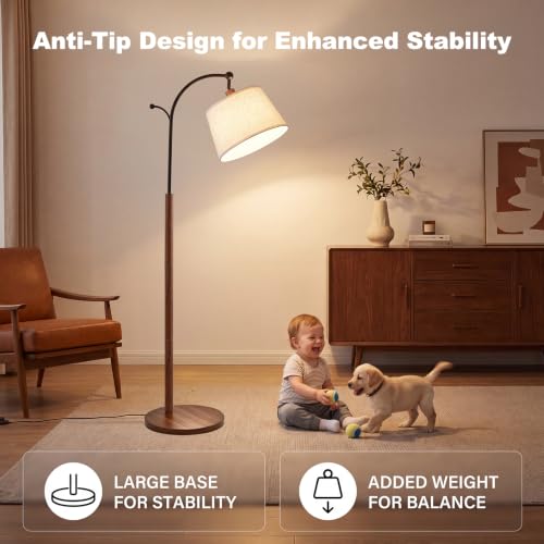 Floor Lamp, Arched Wood Linen Shade, Dimmable 3 Color Temperatures,