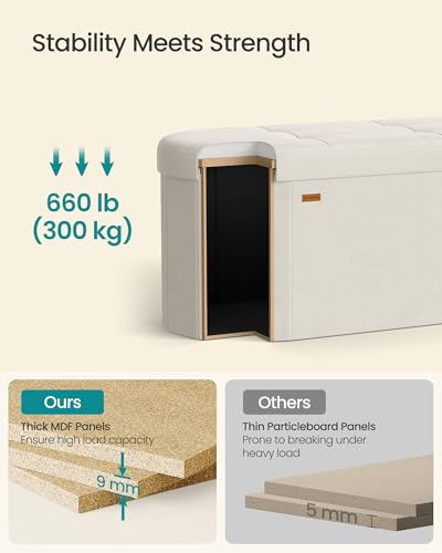 SONGMICS Oval Velvet Storage Ottoman Bench Cappuccino White 15"D x 43"W x 15"H
