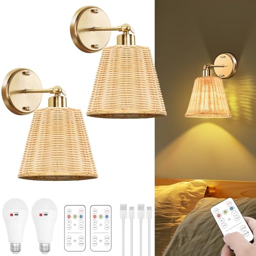 FRIDEKO HOME Gold Rattan Rechargeable Wall Sconces Set of 2 with Remote, Dimmable & Adjustable