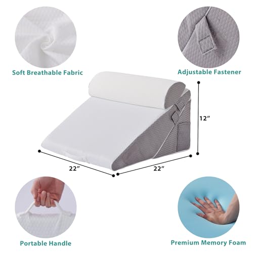 Bedluxe Adjustable Wedge Pillow Set for Post-Surgery Recovery, Orthopedic Bed Wedge, White/Grey, Includes Head Pillow & 10-in-1 Design