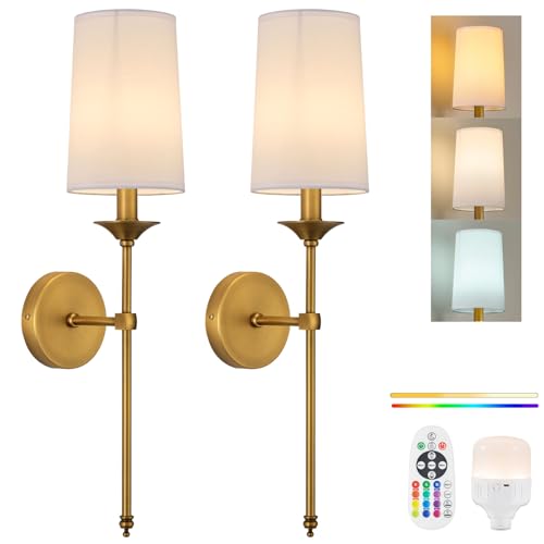 PASSICA DECOR Antique Brass Wireless Battery Wall Sconce Set of 2 with Remote, Dimmable RGB & Timer