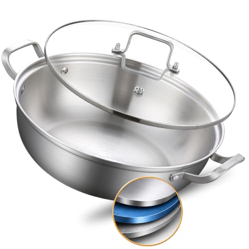 14-Inch Stainless Steel Deep Fry Pan with Lid - 7QT, Tri-Ply Construction