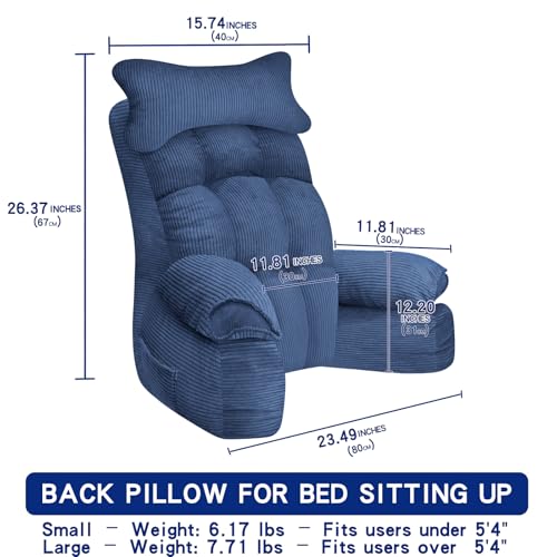 Large Blue Reading Pillow for Bed Support with Arms - Adult Bed Backrest for Sitting Up, Gaming, TV