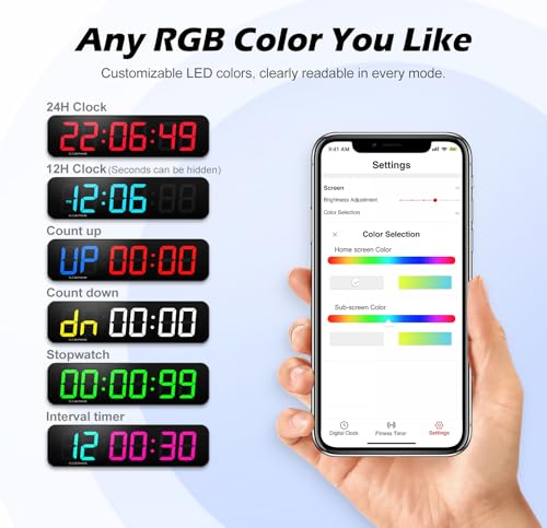 Large Digital Wall Clock with RGB Colors, Timer & Alarm - 15.2 Inch