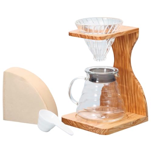 Hario V60 Olive Wood Pour Over Stand Set - 5 Piece Coffee Brewing Kit