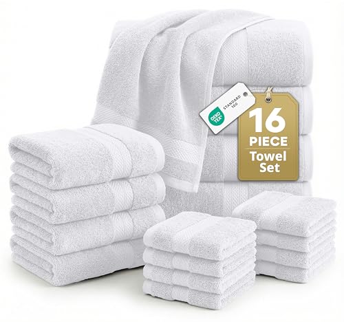 White 16-Piece Cotton Bath Towel Set - Soft Absorbent Hotel Quality
