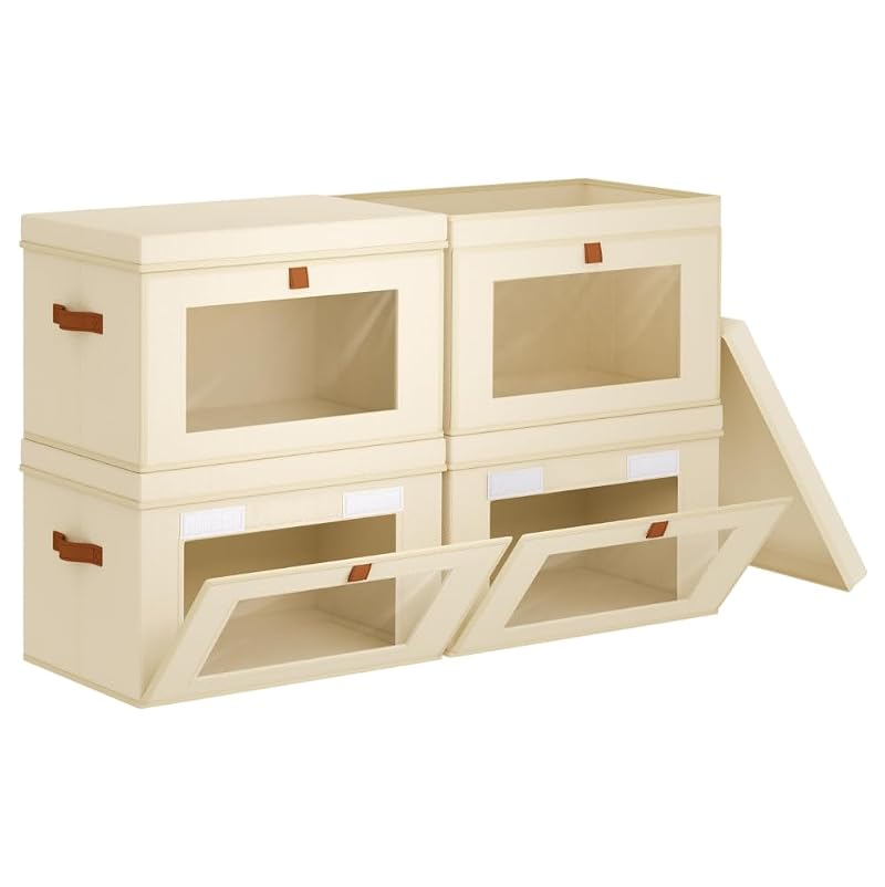 Beige XL 4-Pack Closet Storage Bins with Front Lids - Stackable Organizers