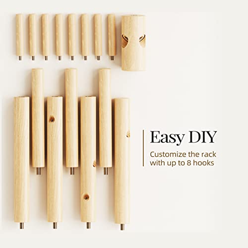 Pipishell Wooden Coat Rack with 8 Hooks - Freestanding, Adjustable Height, Natural Wood Finish