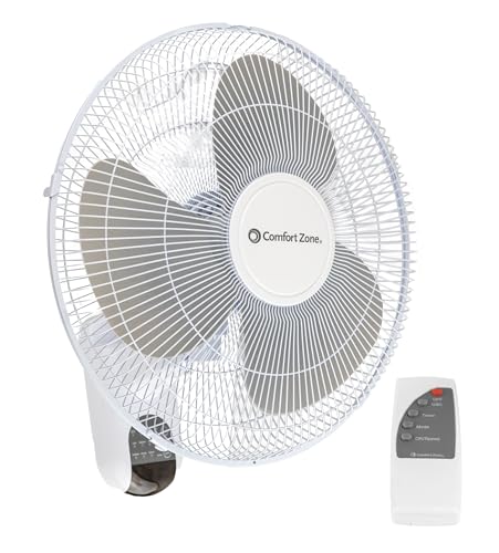 Comfort Zone 16-Inch Wall Mount Oscillating Fan with Remote & Timer - Quiet, Adjustable Tilt, 3 Speeds