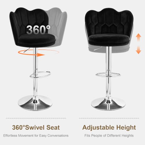 Adjustable Velvet Bar Stools Set of 2 with Backrest - Black