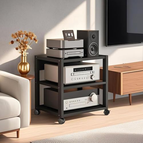 Black 3-Tier AV Media Stand, Heavy Duty Audio Rack Tower, Adjustable Shelves