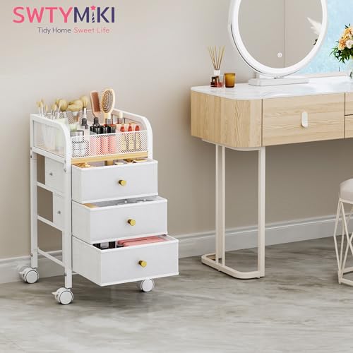 SWTYMIKI White 4-Tier Rolling Makeup Organizer Cart with 3 Large Drawers