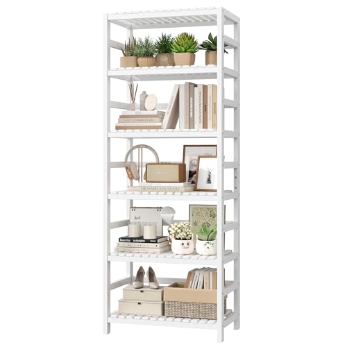 White 6-Tier Bamboo Shelf with Adjustable Shelves - Large Capacity Kitchen Storage