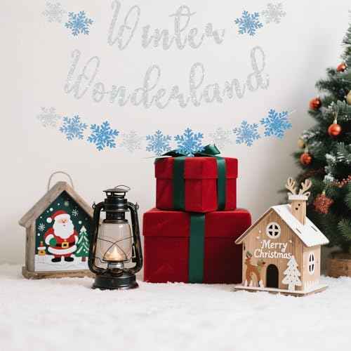 Winter Wonderland Banner, Pre-Strung Christmas Banner for Mantle, Glitter Snowflake Banner, Winter Wonderland Sign for Winter New Year Xmas Party Fireplace Hanging Supplies
