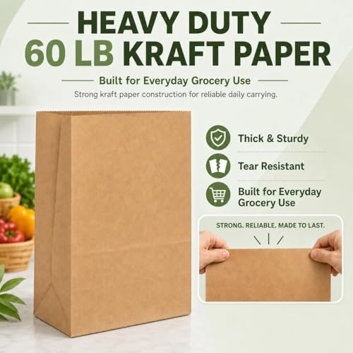 MESHA Paper Grocery Bags 12x7x17 Inches Bulk 100 Pack - Heavy Duty Kraft Bags with Variation 12"x7"x17"