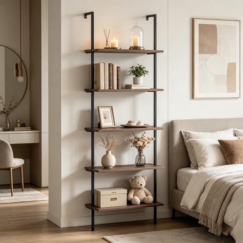 5-Tier Wall-Mounted Ladder Shelf - Brown Industrial Bookshelf, 23.6in