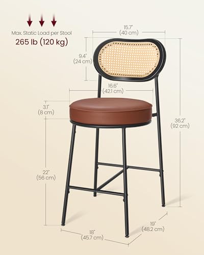 VASAGLE Counter Height Bar Stools Set of 2, PU Leather, 25.1-Inch