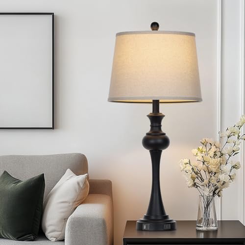 Black Set of 2 Bedside Table Lamps with USB Ports, 29 Inch Modern Reading Lamps
