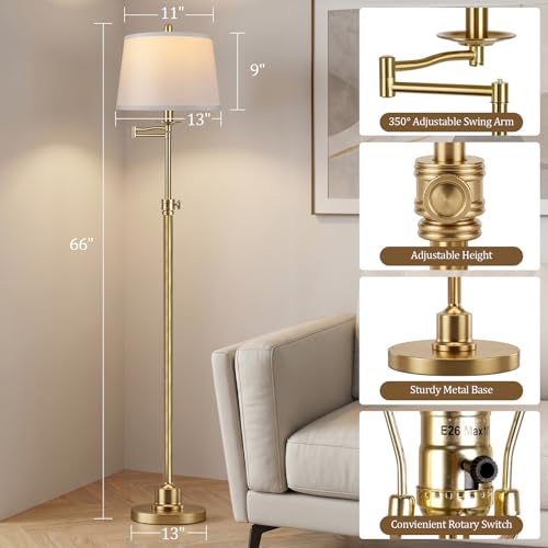 Antique Brass Floor Lamp with Swivel Swing Arm - Height Adjustable Mid Century Modern Tall Lamp for Living Room & Bedroom - LED Bulb Included