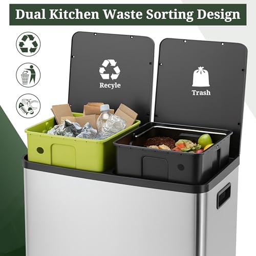 SageNest 16-Gallon Step-On Dual Compartment Stainless Steel Trash Can - Silver
