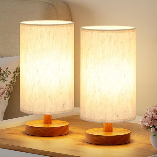 Fenmzee Cream Shade Small Desk Lamps Set of 2 with Walnut Bases, 9-Inch, Inline Control
